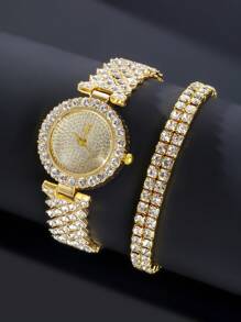 1入組女性金色水鑽裝飾帶魅力四射圓形錶盤石英表和1入組適用於日常生活 - 金色 - 查看 1