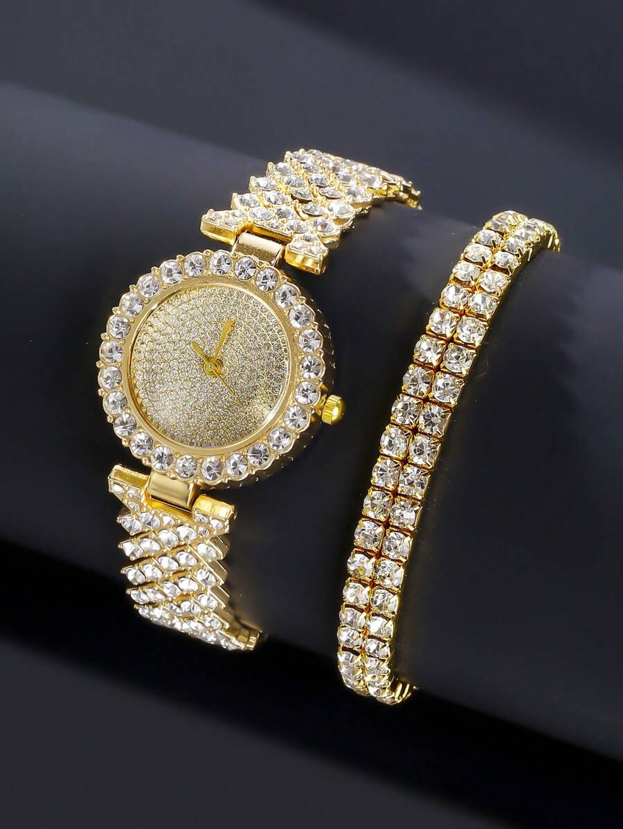 1入組女性金色水鑽裝飾帶魅力四射圓形錶盤石英表和1入組適用於日常生活 - 金色 - 查看 1