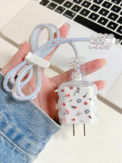 5入組花朵圖案數據線保護套和充電器頭套
