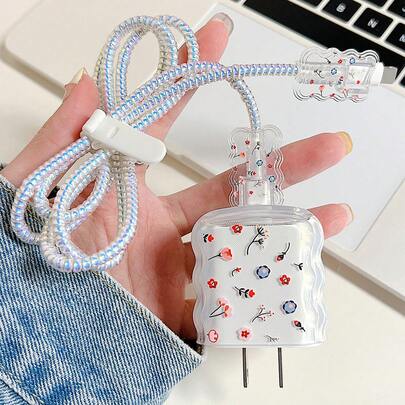 5入組花朵圖案數據線保護套和充電器頭套