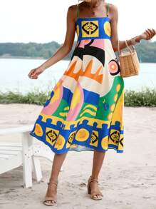 Aveloria Vestido de tirantes con estampado geométrico fruncido trasero