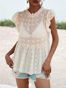 SHEIN VCAY Áo sơ mi nữ viền lá sen Xù cắt màu trơn Dễ thương - Màu be - Xem 1