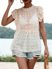 SHEIN VCAY Áo sơ mi nữ viền lá sen Xù cắt màu trơn Dễ thương - Màu be - Xem 3