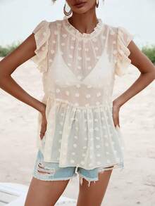 SHEIN VCAY Áo sơ mi nữ viền lá sen Xù cắt màu trơn Dễ thương - Màu be - Xem 4