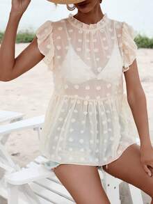 SHEIN VCAY Áo sơ mi nữ viền lá sen Xù cắt màu trơn Dễ thương - Màu be - Xem 5