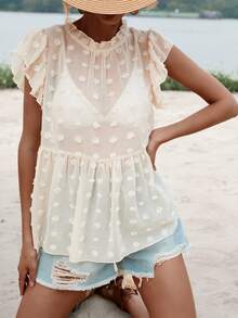 SHEIN VCAY Áo sơ mi nữ viền lá sen Xù cắt màu trơn Dễ thương - Màu be - Xem 6