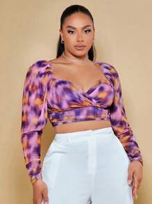 SHEIN BAE 休閒褶邊 後系帶 交叉紮染加大襯衫 - 彩色 - 查看 1