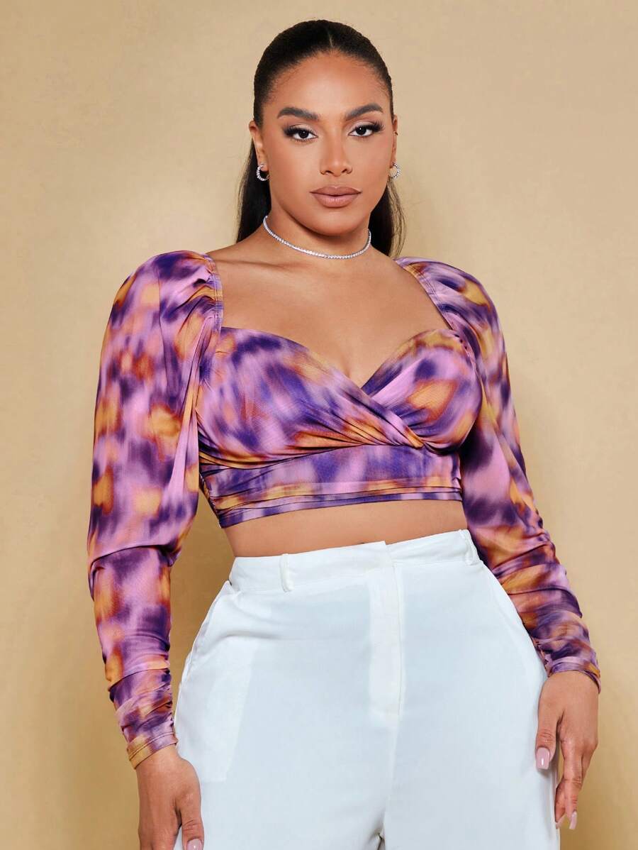 SHEIN BAE 休閒褶邊 後系帶 交叉紮染加大襯衫 - 彩色 - 查看 1