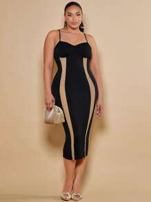 SHEIN SXY Plus Contrast Mesh Cami Bodycon Dress - Black - View 1