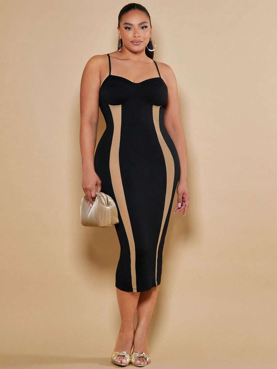 SHEIN SXY Plus Contrast Mesh Cami Bodycon Dress - Black - View 1