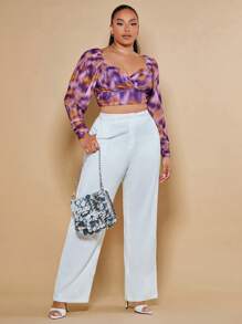 SHEIN BAE 休閒褶邊 後系帶 交叉紮染加大襯衫 - 彩色 - 查看 3