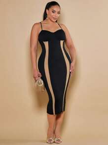 SHEIN SXY Plus Contrast Mesh Cami Bodycon Dress - Black - View 3