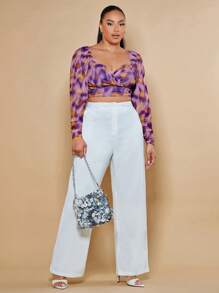 SHEIN BAE 休閒褶邊 後系帶 交叉紮染加大襯衫 - 彩色 - 查看 5