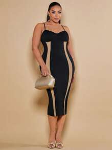 SHEIN SXY Plus Contrast Mesh Cami Bodycon Dress - Black - View 5