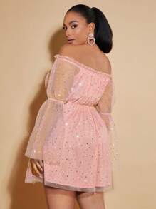 SHEIN BAE 大碼一字肩荷葉袖亮片網紗連衣裙 - 淺粉色 - 查看 2