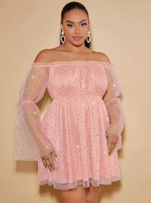 SHEIN BAE 大碼一字肩荷葉袖亮片網紗連衣裙 - 淺粉色 - 查看 6