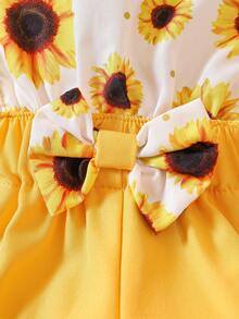 Bebé con estampado de girasol ribete con fruncido con lazo delantero Mono overol & Sombrero - Multicolor - Ver 4