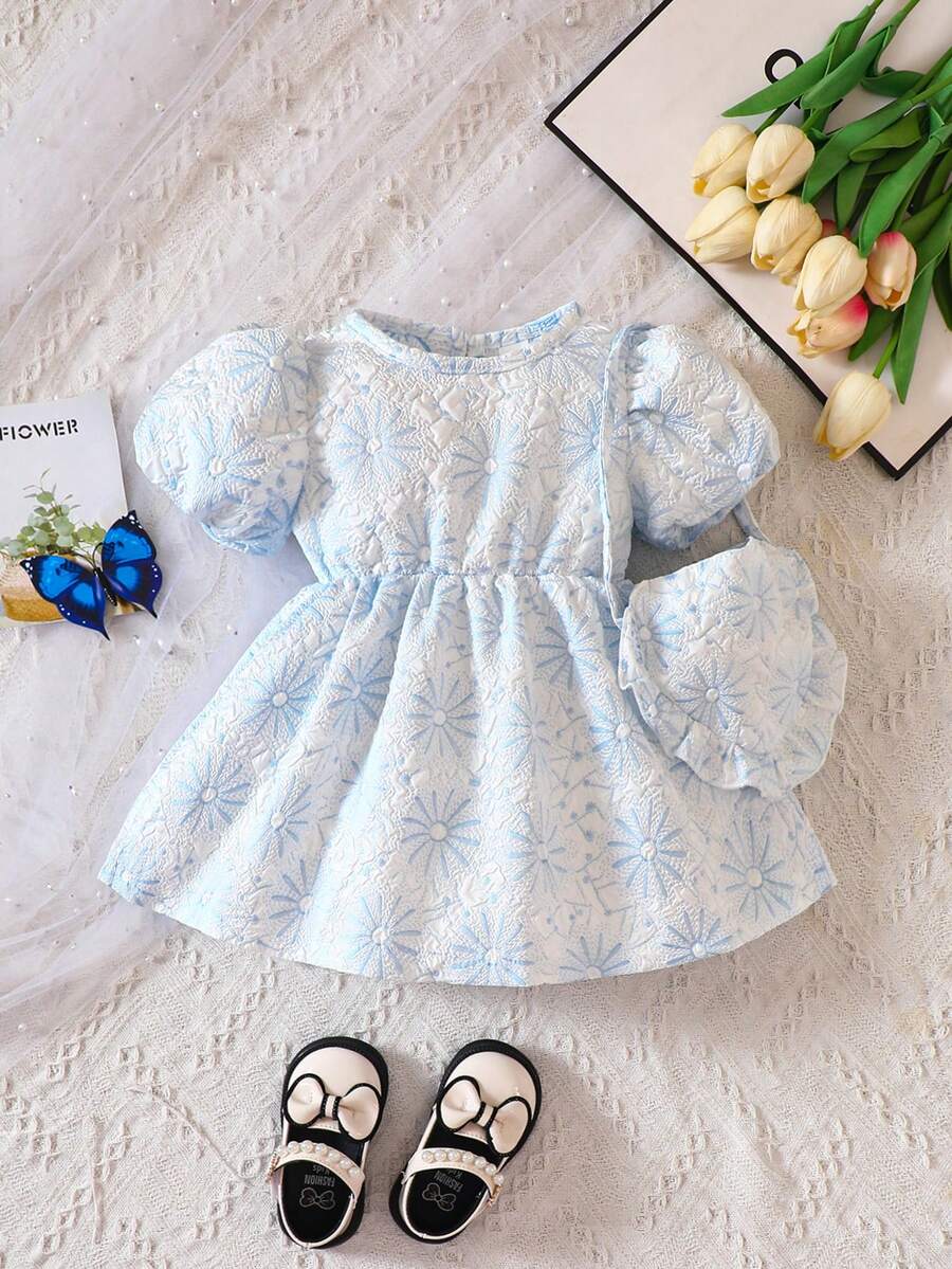 嬰兒花卉圖案提花泡泡袖洋裝和包
