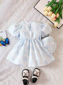 嬰兒花卉圖案提花泡泡袖洋裝和包