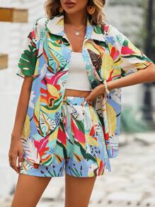 Breezaya Tropical Print Drop Shoulder Shirt & Shorts - Multicolor - View 5