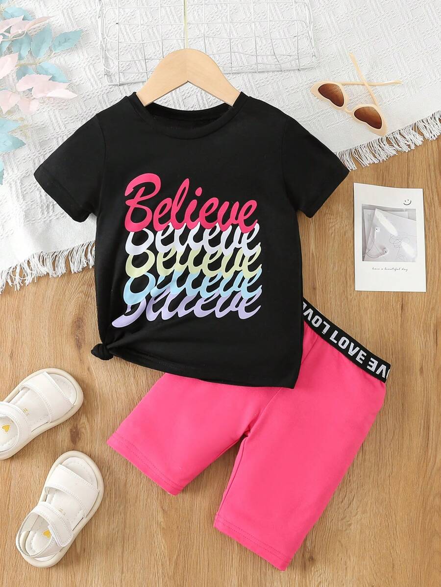 SHEIN 小女童字母圖案T恤和機車短褲 - 彩色 - 查看 1