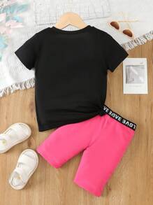 SHEIN 小女童字母圖案T恤和機車短褲 - 彩色 - 查看 2