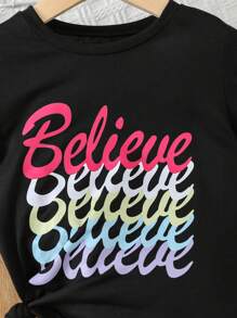 SHEIN 小女童字母圖案T恤和機車短褲 - 彩色 - 查看 3