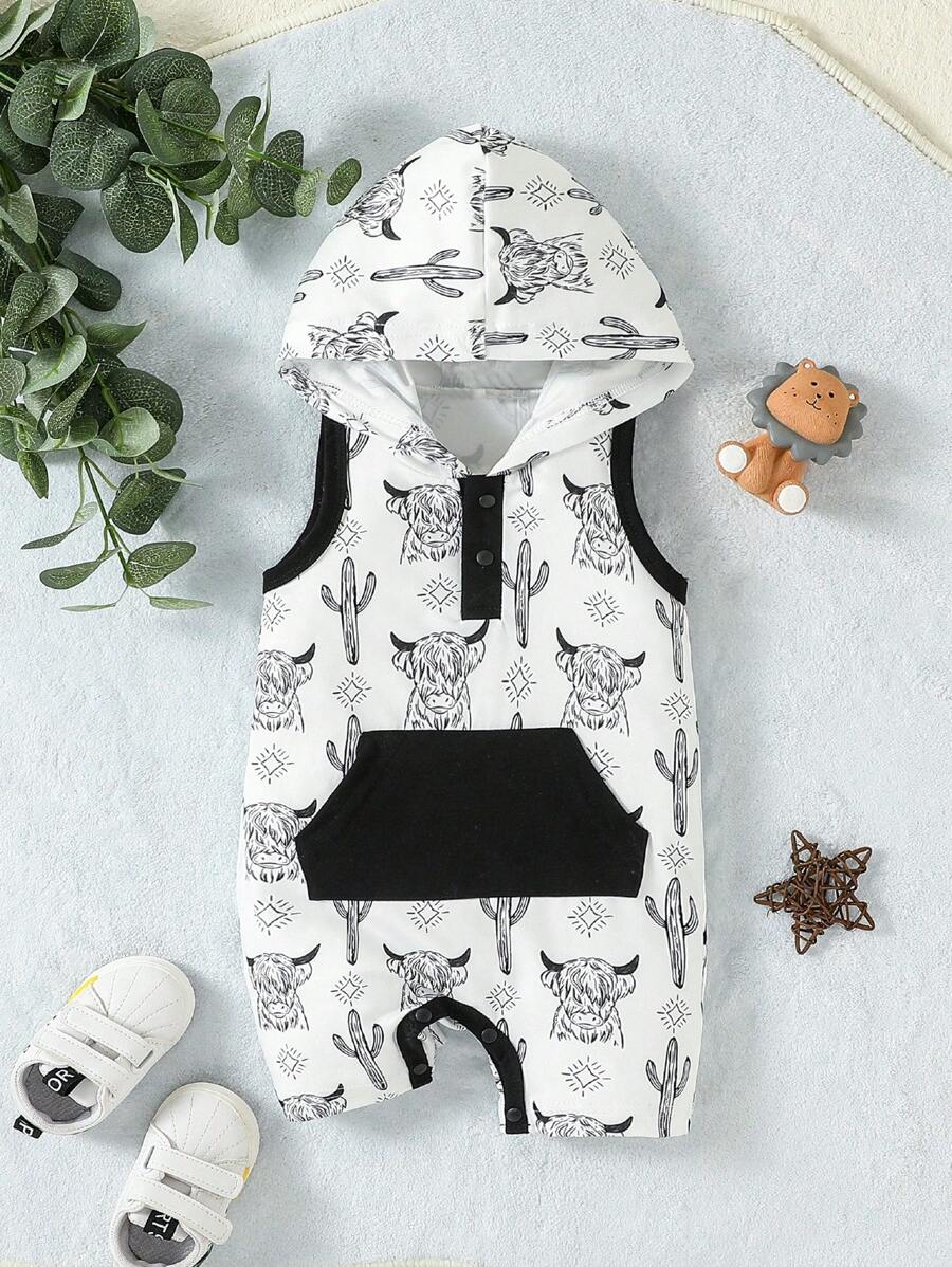 嬰兒動物印花袋鼠口袋撞色滾邊連帽背心連體短褲 - 黑與白 - 查看 1
