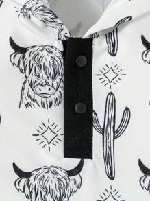 嬰兒動物印花袋鼠口袋撞色滾邊連帽背心連體短褲 - 黑與白 - 查看 3