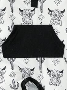 嬰兒動物印花袋鼠口袋撞色滾邊連帽背心連體短褲 - 黑與白 - 查看 4