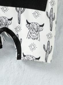 嬰兒動物印花袋鼠口袋撞色滾邊連帽背心連體短褲 - 黑與白 - 查看 5