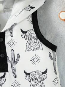 嬰兒動物印花袋鼠口袋撞色滾邊連帽背心連體短褲 - 黑與白 - 查看 6