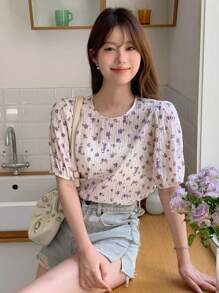 DAZY 花卉印花抽象袖短上衣 - 杏色 - 查看 2