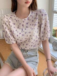 DAZY 花卉印花抽象袖短上衣 - 杏色 - 查看 1