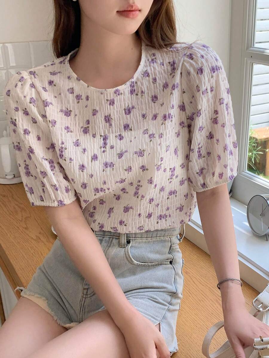 DAZY 花卉印花抽象袖短上衣 - 杏色 - 查看 1