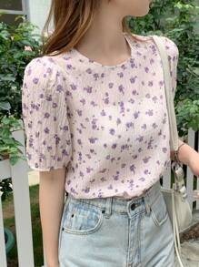 DAZY 花卉印花抽象袖短上衣 - 杏色 - 查看 6