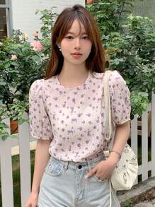 DAZY 花卉印花抽象袖短上衣 - 杏色 - 查看 7