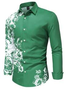 Manfinity LEGND Men Baroque Print Button Up Shirt - Green - View 1