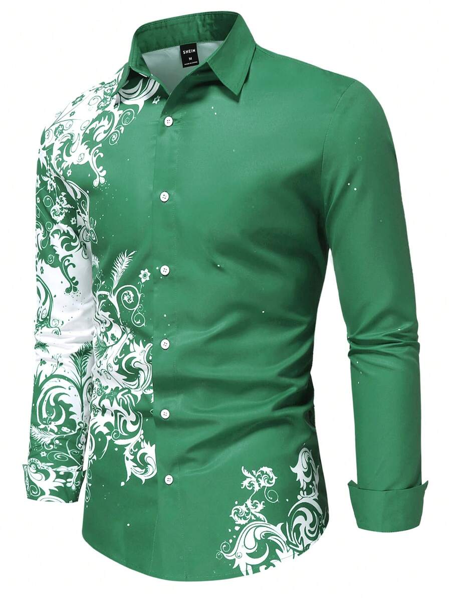 Manfinity LEGND Men Baroque Print Button Up Shirt - Green - View 1