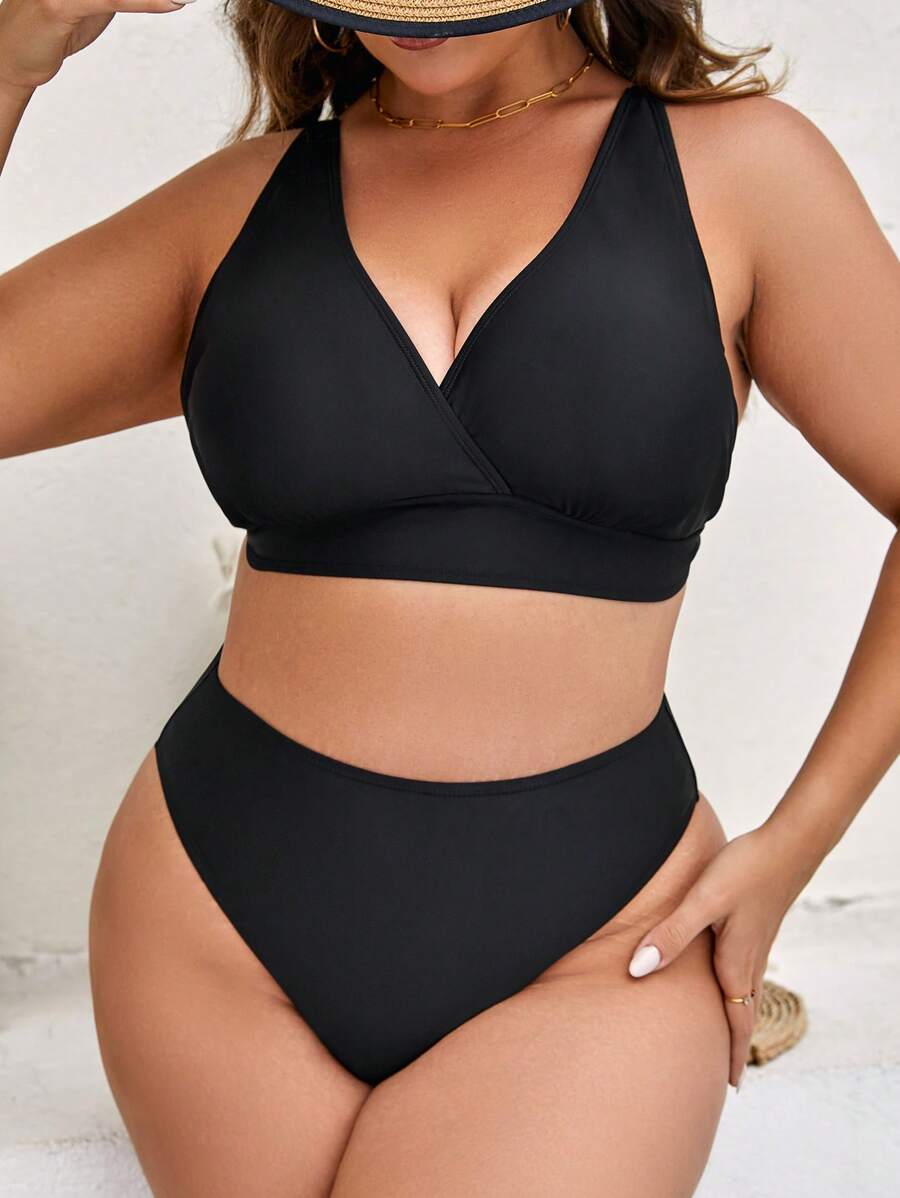 SHEIN Swim Curve Plus Size Solid High Waisted Bikini Set Summer Beach - Black - View 1