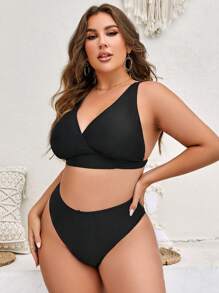 SHEIN Swim Curve Plus Size Solid High Waisted Bikini Set Summer Beach - Black - View 3