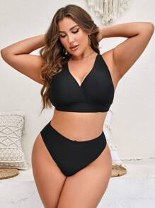 SHEIN Swim Curve Plus Size Solid High Waisted Bikini Set Summer Beach - Black - View 5