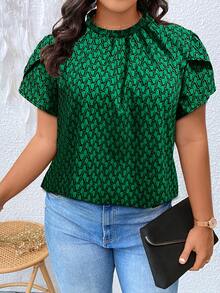 Calvaya 大碼滿版印花褶邊領花瓣袖襯衫 - 綠色 - 查看 3