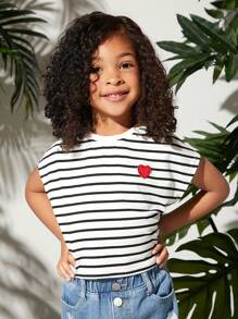 SHEIN Leap Crew Cô Gái Trẻ 1 Miếng Sọc & In trái tim tay cánh Áo thun - Đen và trắng - Xem 4