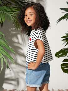 SHEIN Leap Crew Cô Gái Trẻ 1 Miếng Sọc & In trái tim tay cánh Áo thun - Đen và trắng - Xem 5