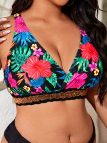 SHEIN Swim Curve Plus Size Tropical Print Contrast Tape Bikini Top, For Summer Beach Vacation - Multicolor - View 2