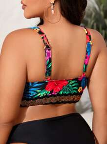 SHEIN Swim Curve Plus Size Tropical Print Contrast Tape Bikini Top, For Summer Beach Vacation - Multicolor - View 3