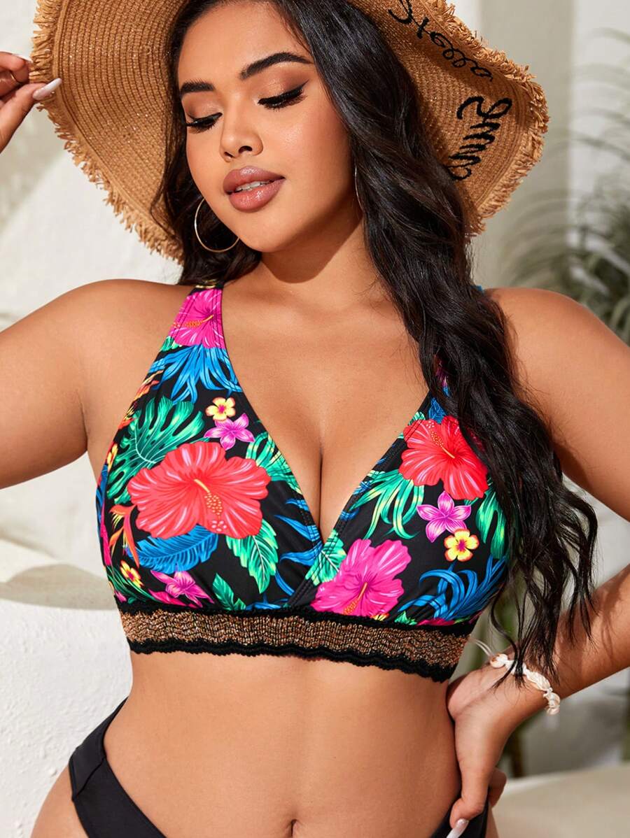 SHEIN Swim Curve Plus Size Tropical Print Contrast Tape Bikini Top, For Summer Beach Vacation - Multicolor - View 1