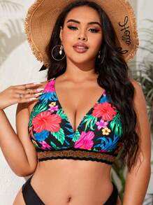 SHEIN Swim Curve Plus Size Tropical Print Contrast Tape Bikini Top, For Summer Beach Vacation - Multicolor - View 6