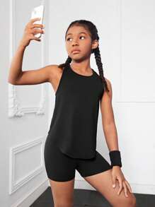 SHEIN Girls Split Back Tank Top & Cycling Shorts - Black - View 3